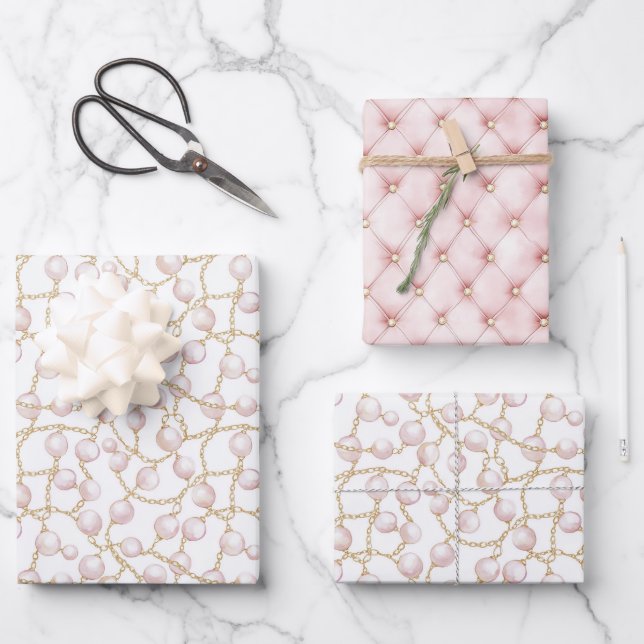 Feuille De Papier Cadeau Gold Pink Glam Pearls   (Recto)