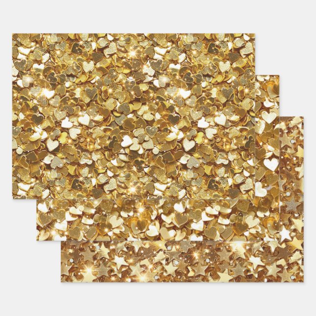 Feuille De Papier Cadeau Gold Stars Hearts Confetti (Lot)