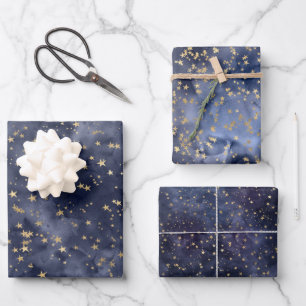 Feuille De Papier Cadeau Gold Stars sur Navy Night Sky