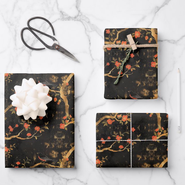 Feuille De Papier Cadeau Golden Japanese-inspired Blossom (Recto)