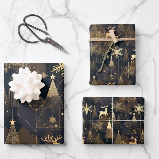 Feuille De Papier Cadeau Golden Noir Christmas Forest (Recto)