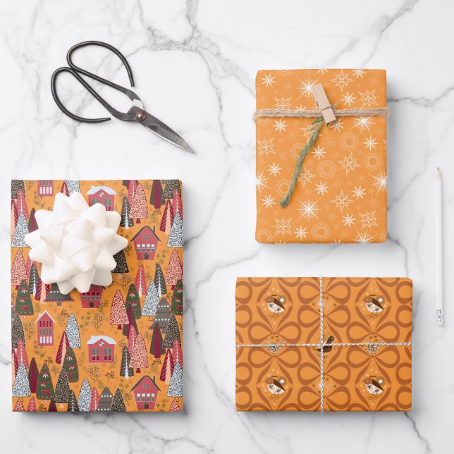 Feuille De Papier Cadeau Golden Orange Christmas Forest Village Birds (Recto)