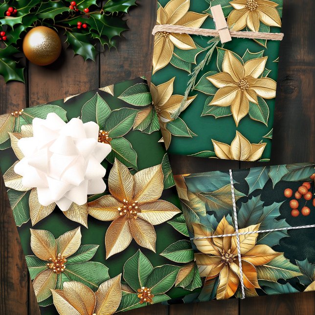 Feuille De Papier Cadeau Golden Poinsettia Flower sur Green Christmas (Golden Poinsettia Flower on Green Christmas Wrapping Paper Sheets)