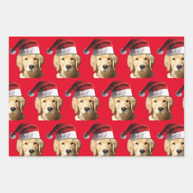 Feuille De Papier Cadeau Golden Retriever portant un Casquette du Père Noël (Devant)