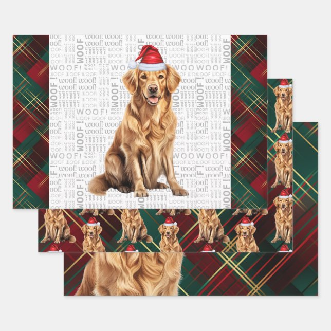 Feuille De Papier Cadeau Golden Retriever Red Green Holiday Platiné Noël (Lot)