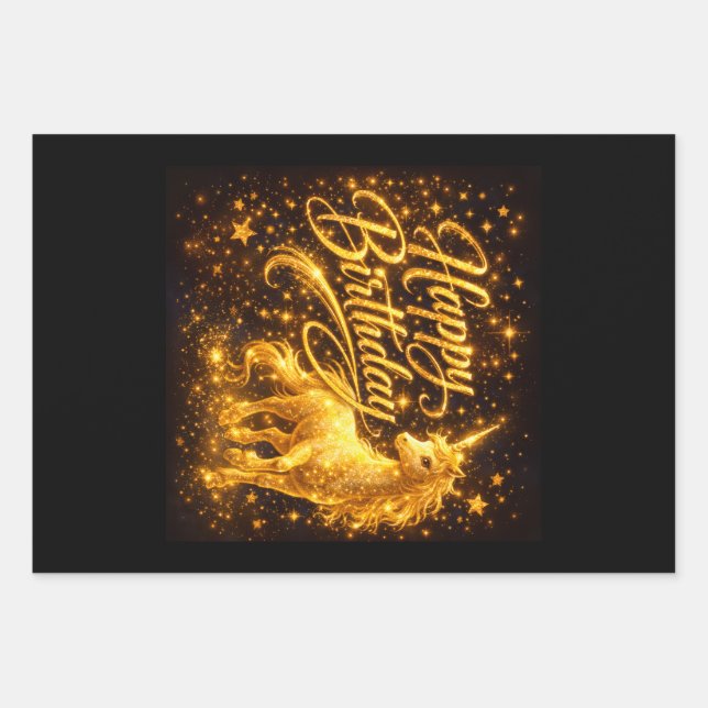 Feuille De Papier Cadeau Golden Stardust Birthday — Fantasy Unicorn (Devant)
