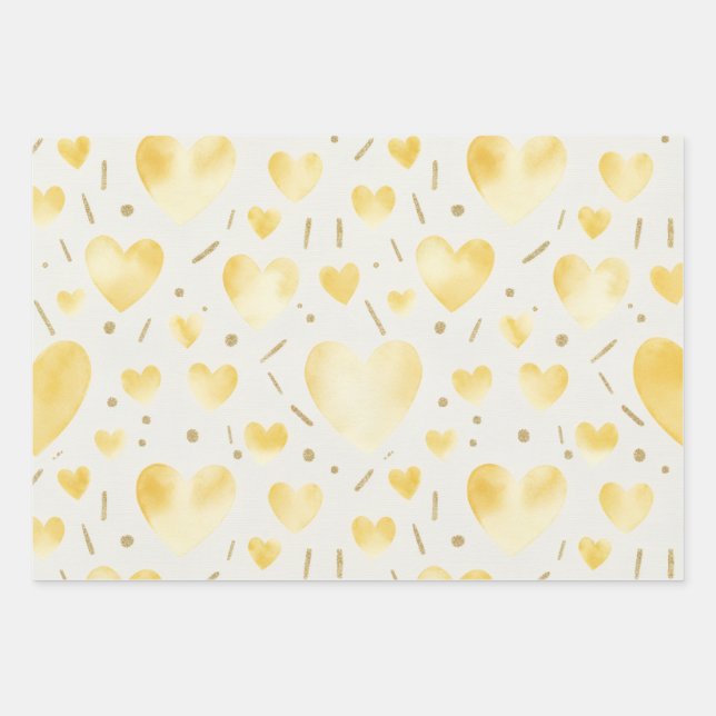 Feuille De Papier Cadeau Golden Yellow Watercolor & Glitter Hearts (Devant)