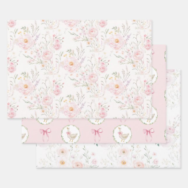 Feuille De Papier Cadeau Goose Blush rose élégant Pastel Bow Anniversaire (Lot)