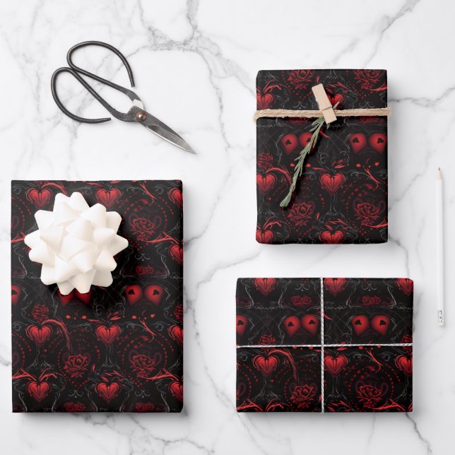 Feuille De Papier Cadeau Gothic Red Roses Red Hearts and Black Flowers (Recto)