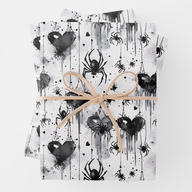 Feuille De Papier Cadeau Gothique Amour Éffrayant Spider Web avec Coeurs (En situation)