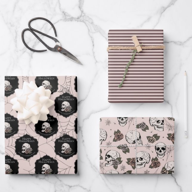 Feuille De Papier Cadeau Gothique Blush Pull rose et Stripes Halloween (Recto)