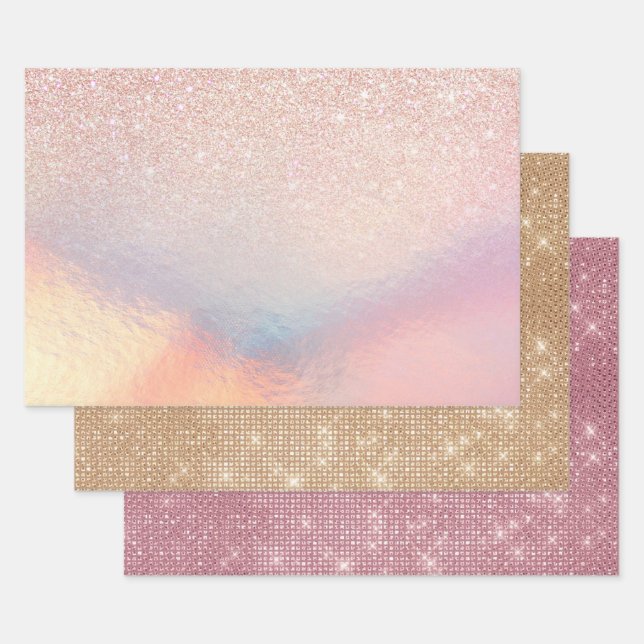 Feuille De Papier Cadeau Gradient holographique de Rose Gold Glitter Irides (Lot)