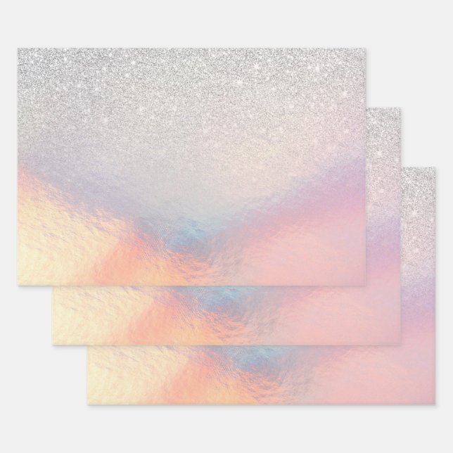 Feuille De Papier Cadeau Gradient holographique de Silver Glitter (Lot)