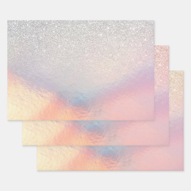 Feuille De Papier Cadeau Gradient holographique de Silver Glitter (Lot)