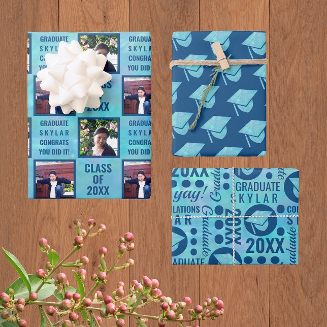 Feuille De Papier Cadeau Graduation Blue Opal Trendy Assortissement photo (Créateur téléchargé)