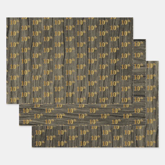 Feuille De Papier Cadeau Grain de bois de Faux rustique, Elégant "10e" or d (Lot)
