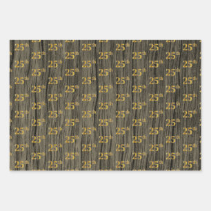 Feuille De Papier Cadeau Grain de bois de Faux rustique, Elégant "25e" Or 