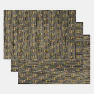 Feuille De Papier Cadeau Grain de bois faux rustique, faux or élégant "11èm
