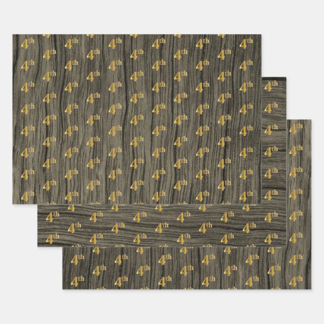 Feuille De Papier Cadeau Grain Rustique Faux Bois, Elégant Faux Or "4ème" (Lot)