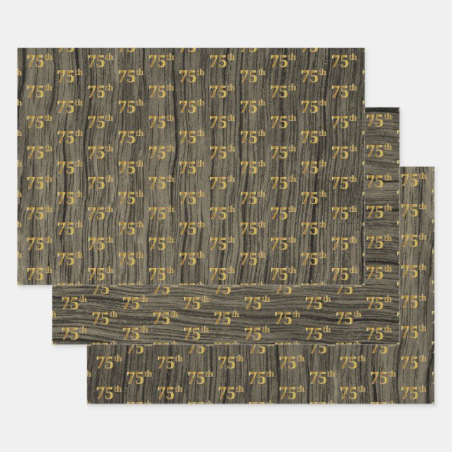 Feuille De Papier Cadeau Grain Rustique Faux Wood, Elégant Faux Gold "75e" (Lot)