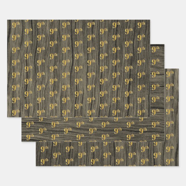 Feuille De Papier Cadeau Grain Rustique Faux Wood, Elégant Faux Gold "9th" (Lot)