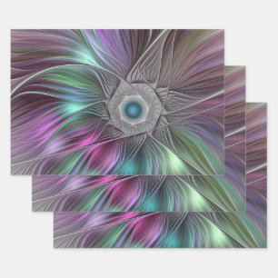 Feuille De Papier Cadeau Grande Fleur colorée Abstraite Trippy Fractal Art