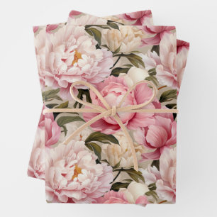Feuille De Papier Cadeau Grandes fleurs de pivoines rose blanc répétition m