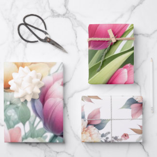 Feuille De Papier Cadeau grandes fleurs pastel aquarelle, tulipes, pivoines