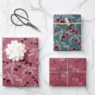 Feuille De Papier Cadeau Gras Rose & Cerise Rouge & Turquoise Fille Cerises