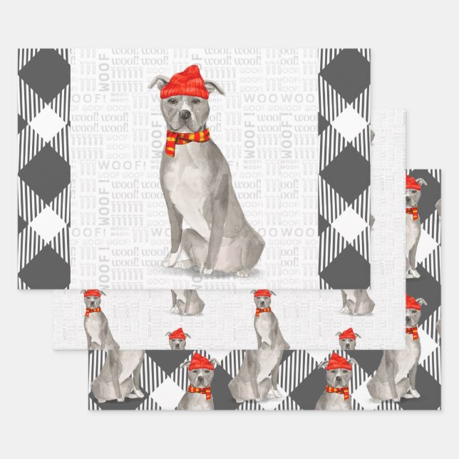 Feuille De Papier Cadeau Gray Pitbull Staffordishire Christmas Chien Plaid (Lot)