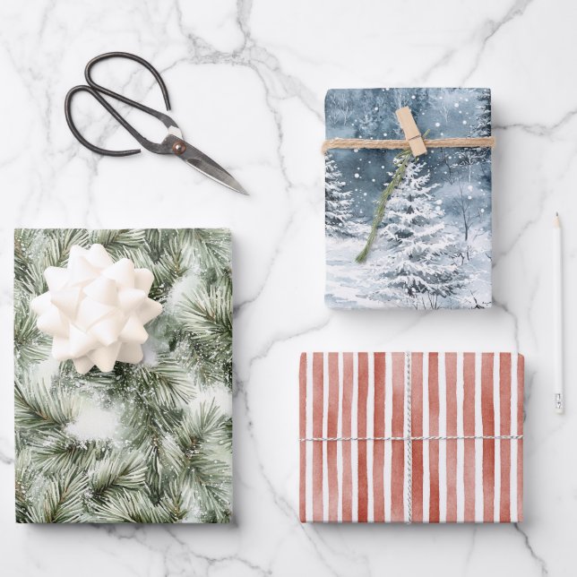 Feuille De Papier Cadeau Green & Blue Christmas Trees Red Stripes (Recto)