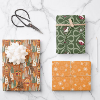 Feuille De Papier Cadeau Green Brown Orange Christmas Forest Village