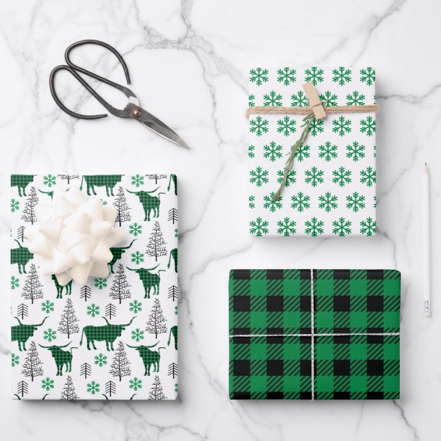Feuille De Papier Cadeau Green Buffalo Plaid Longhorn Motif (Recto)
