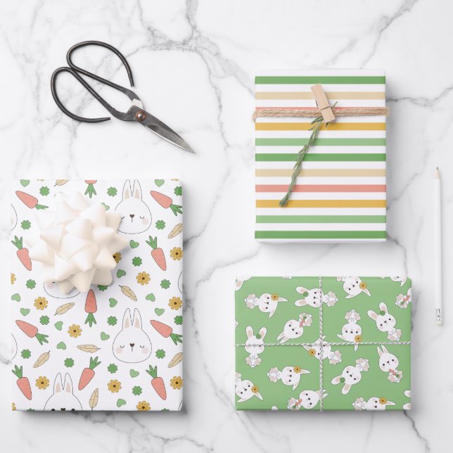 Feuille De Papier Cadeau Green Cute Bunnies Stripes Baby shower neutre (Recto)
