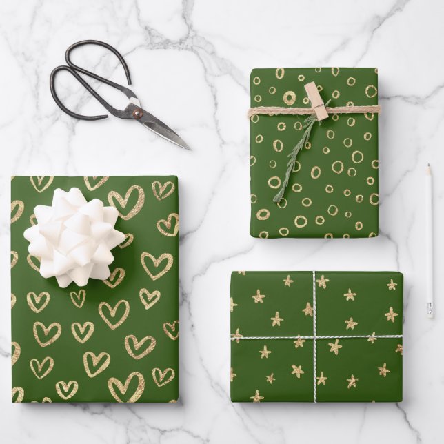 Feuille De Papier Cadeau Green Gold Hearts Stars Cercles Motifs aléatoires (Recto)