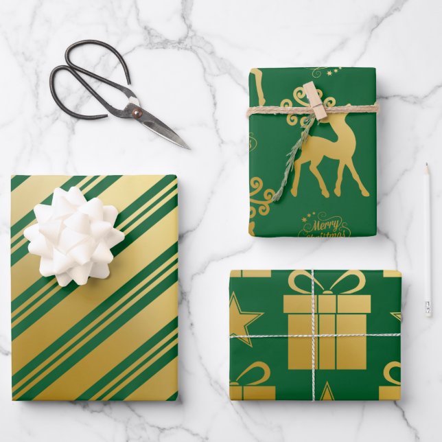 Feuille De Papier Cadeau Green Gold Reindeer présente des rayures Noël (Recto)