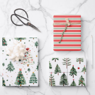 Feuille De Papier Cadeau Green Holiday Tree Motifs avec des rayures rouges
