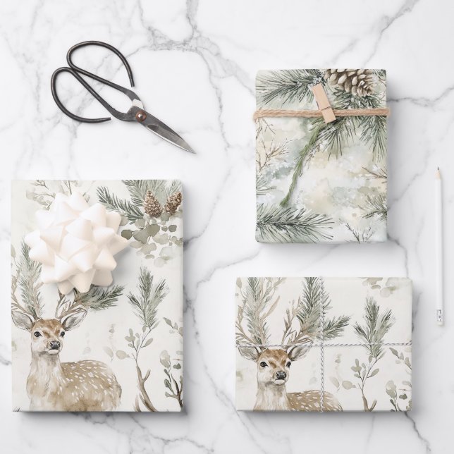 Feuille De Papier Cadeau Green Pine Cones Deer Christmas (Recto)