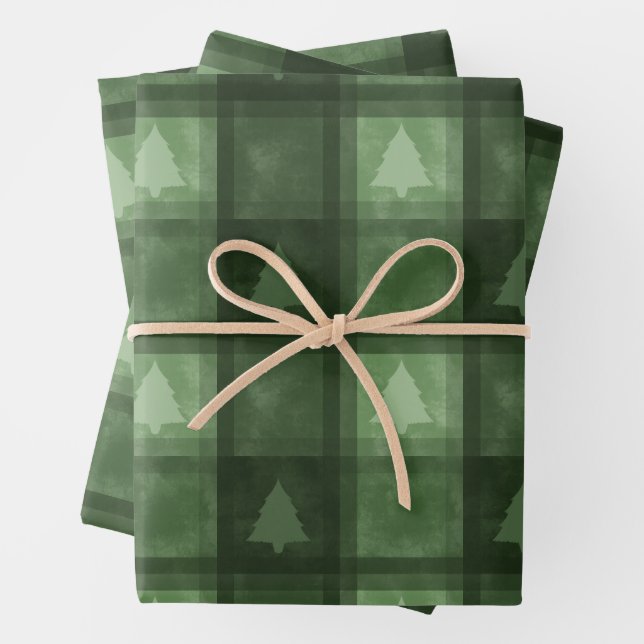 Feuille De Papier Cadeau Green Plaid With Fir Tree Motifs Christmas Pattern (En situation)