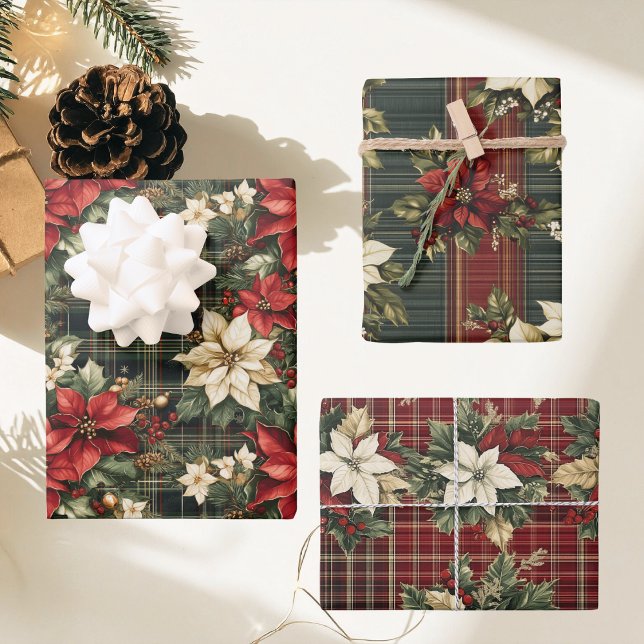 Feuille De Papier Cadeau Green Red Plaid & Poinsettias Noël (Créateur téléchargé)
