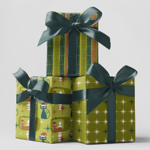 Feuille De Papier Cadeau Green Retro Mid Century Modern Cat Noël