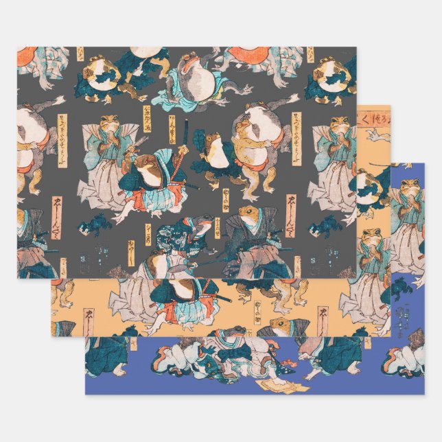 Feuille De Papier Cadeau Grenouille japonaise ukiyo-e Froggies (Lot)