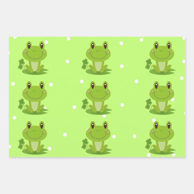 Feuille De Papier Cadeau Grenouille Jaune Vert Et Jaune Pointe Blanche (Devant)