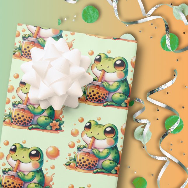 Feuille De Papier Cadeau Grenouille verte Boire Boba Orange (Créateur téléchargé)