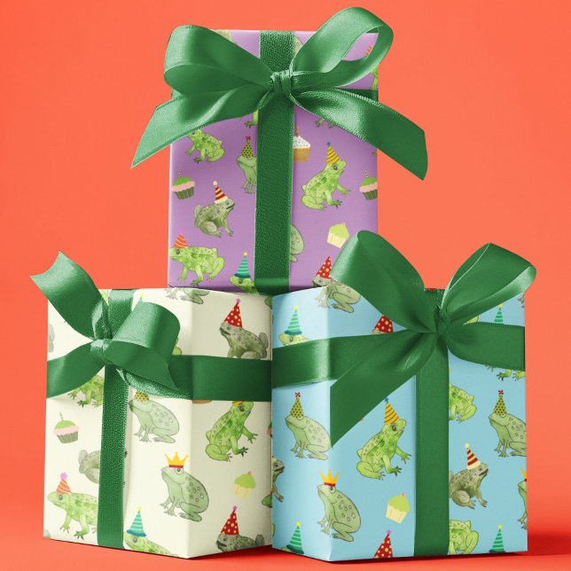 Feuille De Papier Cadeau Grenouilles D'Anniversaire Drôle Mains Illustrées  (This adorable, unique birthday frog gift wrap features my hand-drawn frogs in party hats.)