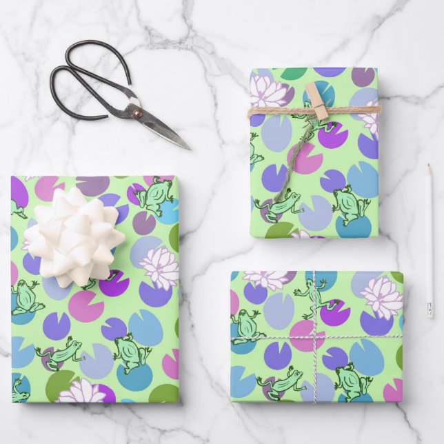 Feuille De Papier Cadeau Grenouilles vertes Whimsical et coussinets de lys  (Recto)