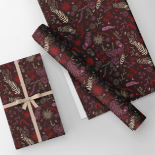 Feuille De Papier Cadeau Gribouillis floraux rose et ivoire dans marron.