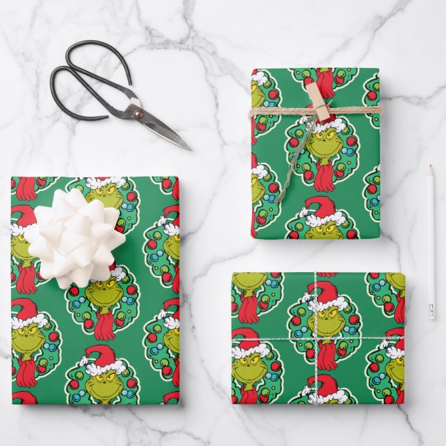 Feuille De Papier Cadeau Grinch | Couronne de Noël (Recto)
