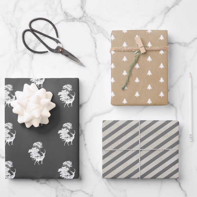 Feuille De Papier Cadeau Gris blanc minimal Cerfs Kraft Stripes (Recto)