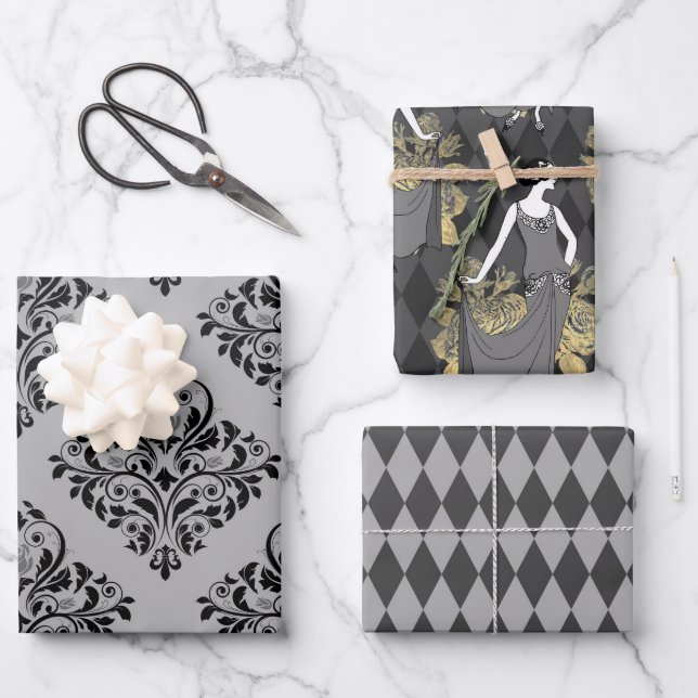 Feuille De Papier Cadeau Gris et or sur le thème de Paris (Recto)